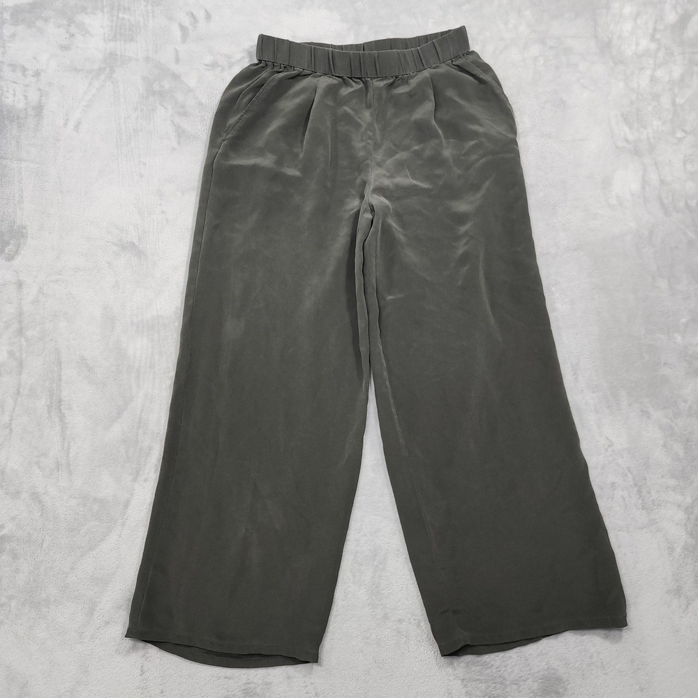 Eileen Fisher Pants Womens M Green Silk Crepe Pull On Wide Leg Relaxed Casual